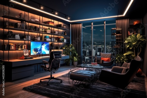Stylish luxury home office interior a view of the city. Generative AI © kardaska