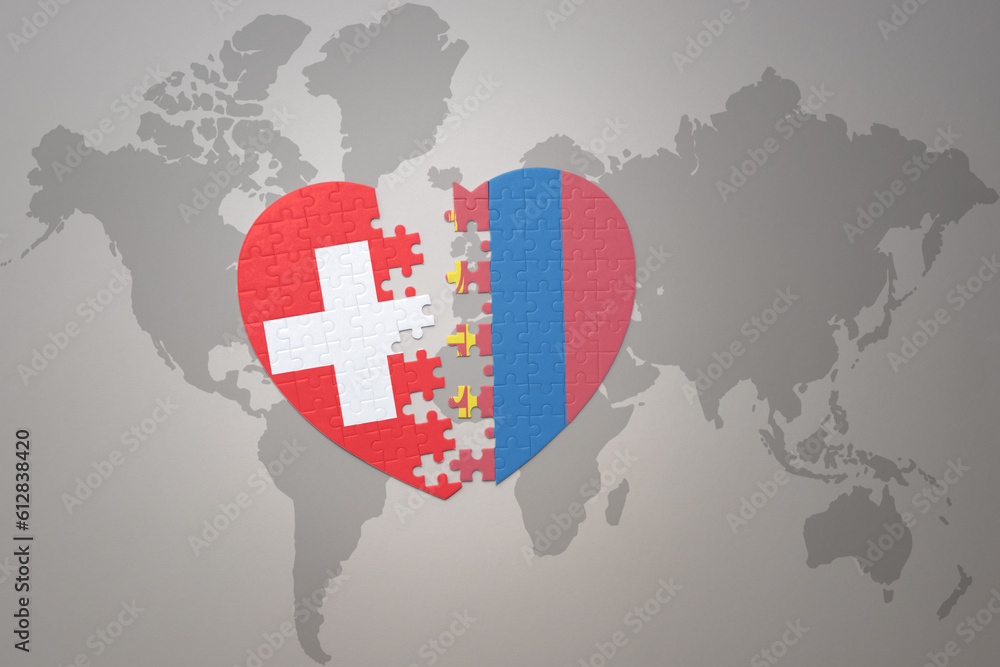 puzzle heart with the national flag of mongolia and switzerland on a ...