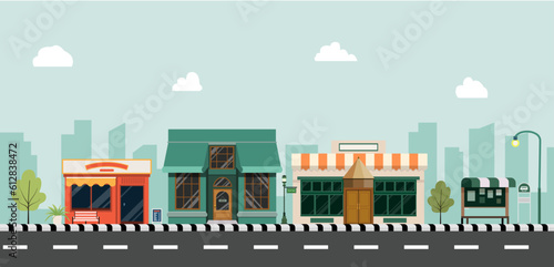 Cityscape with buildings, shops, and bus stops.Storefront on street with city background. Shop facade with road scene