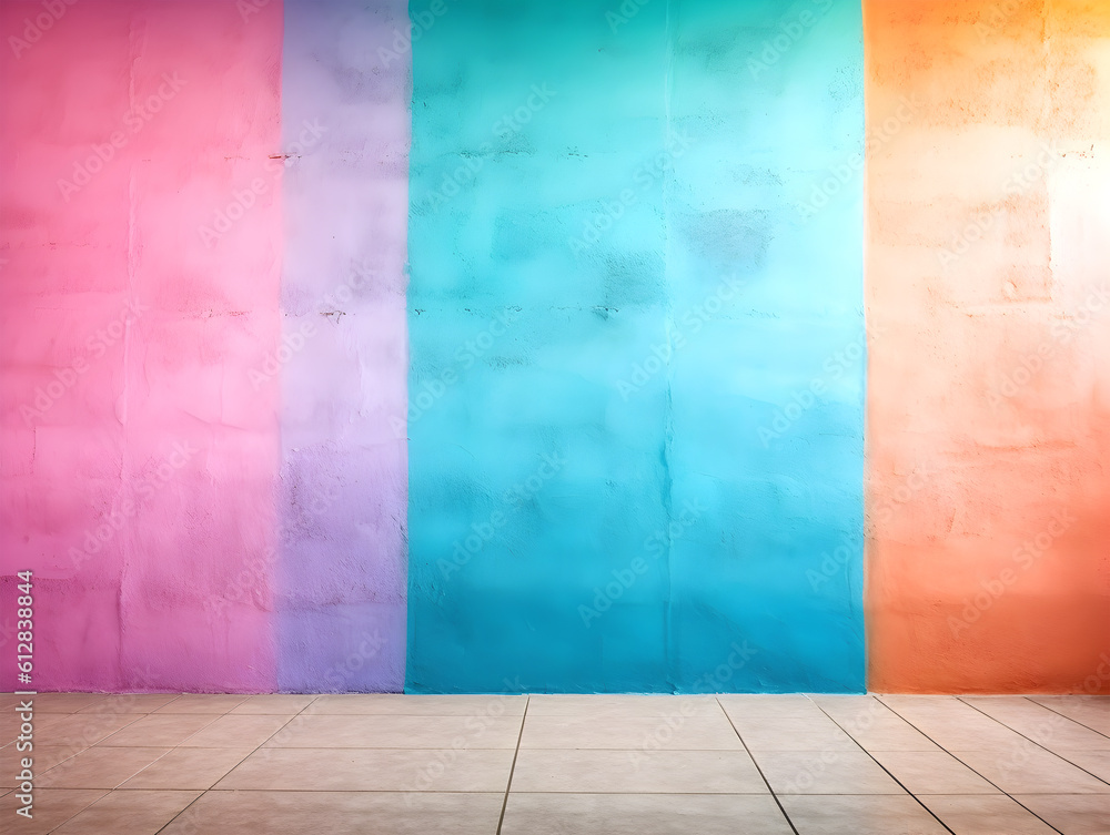 Abstract minimal concept. Pastel multi colour vibrant textured concrete background wall with natural shadow. Mock up template for product presentation. copy text space Abstract minimal concept. Pastel multi colour vibrant textured concrete background wall with natural shadow. Mock up template for product presentation. copy text space