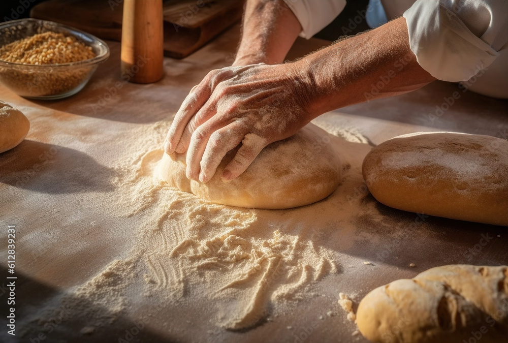 person_kneading_bread_dough_on_the_table, AI Generative person_kneading_bread_dough_on_the_table, AI Generative