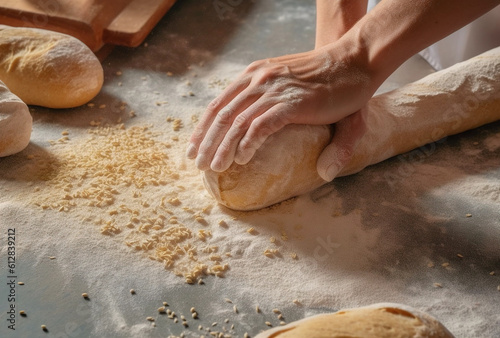 person_kneading_bread_dough_on_the_table, AI Generative