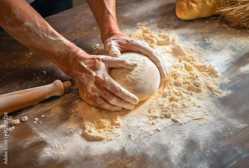 person_kneading_bread_dough_on_the_table, AI Generative