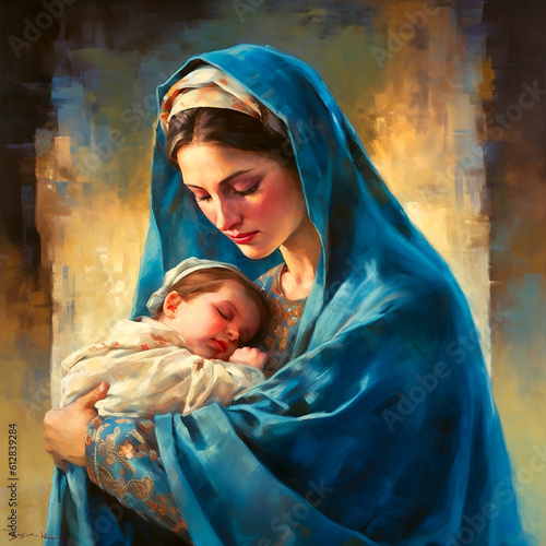  Holy Mary holding baby Jesus Christ in her arms. Graphic representation. AI generativ. photo