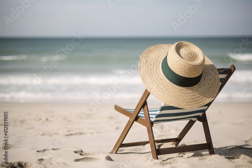 hat kept on empty beach chair. Generative AI