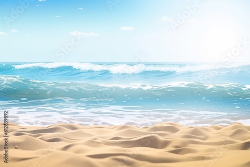 Beautiful sandy beach and soft blue ocean wave. Generative AI