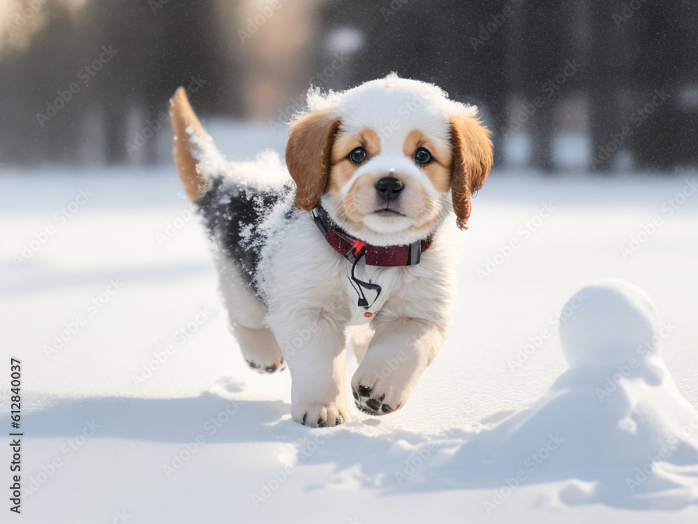 Dog playing in white snow in winter Park for a walk AI GENERATED