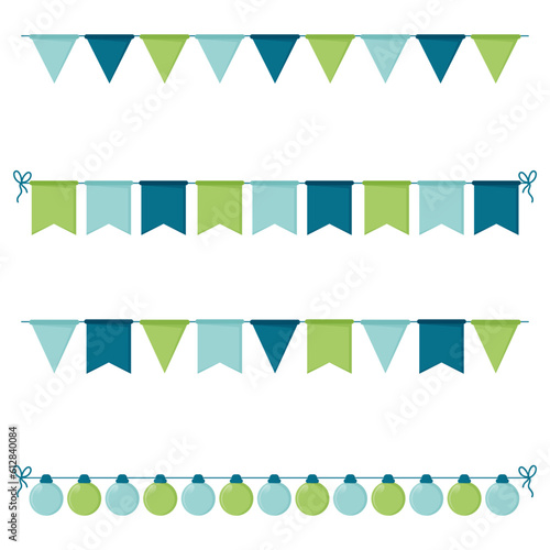 Ensemble de fanions, rubans, banderoles - Décorations illustrées vectorielles pour les fêtes - Éléments décoratifs festifs et modernes - Fête, anniversaire, soirée 