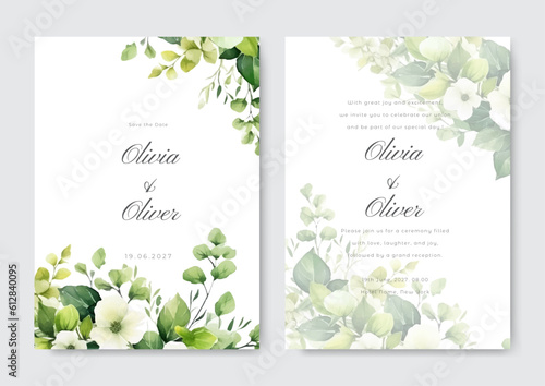 Floral wedding invitation template set with rustic green leaves