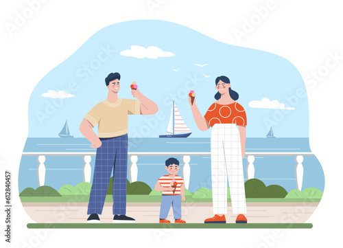 Family walk at quay concept. Man and woman with ice cream and child stand on shore against backdrop of sea and ship or yacht. Tourists in tropical countries. Cartoon flat vector illustration