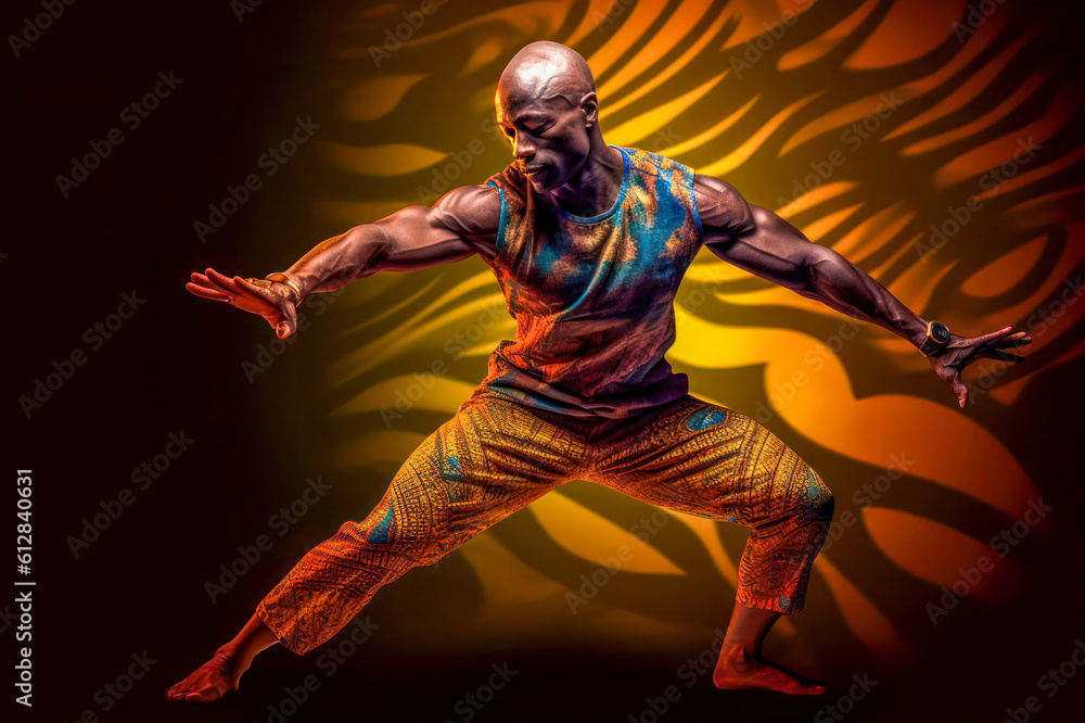 Athletic man in dynamic dance pose, colorful blue and yellow clothes, studio portrait. Generative AI