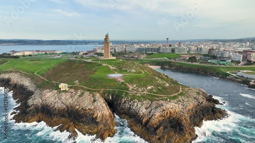 Aerial View Shot of Tower of Hercules (Torre de Hercules) lighthouse located in the city of La Coruna. Galicia, Spain