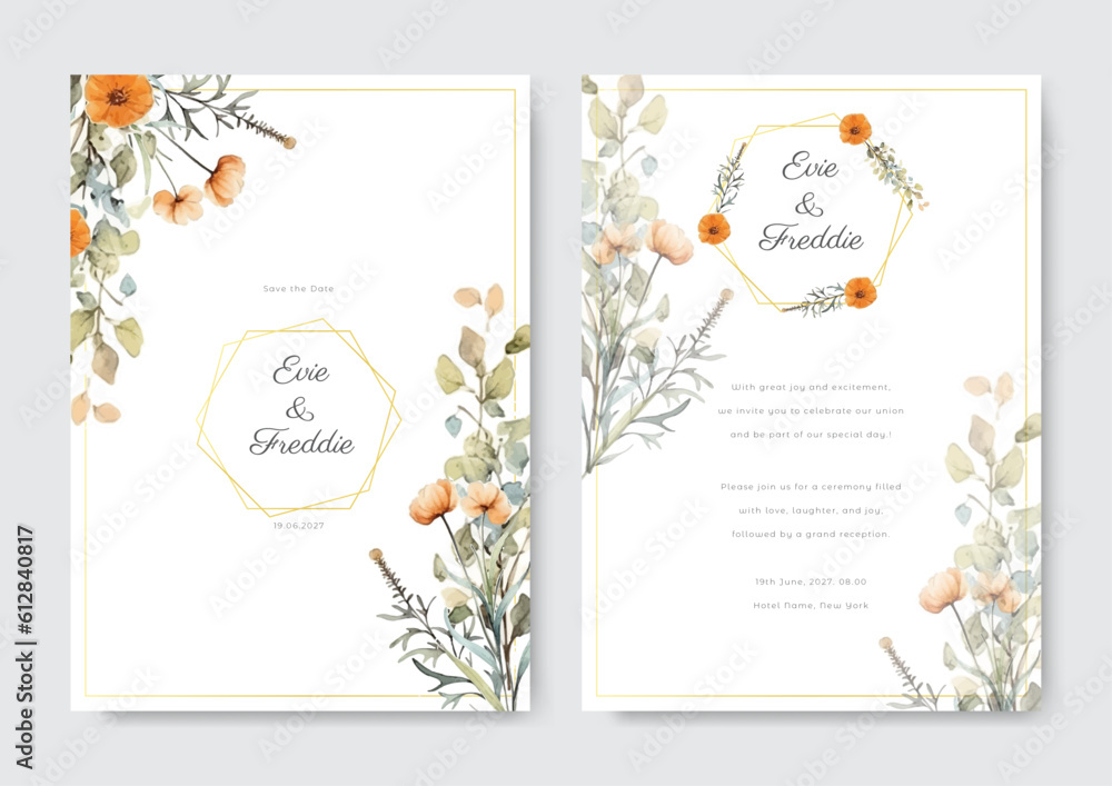 White summer floral wedding invitation card with watercolor floral decoration and abstract background