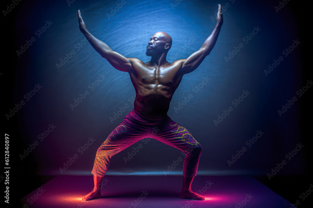 Athletic man in dynamic pose with arms lifted, shirtless, blue background, studio portrait. Generative AI