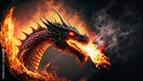 Dragon breathing fire in front of dark background Created with generative ai