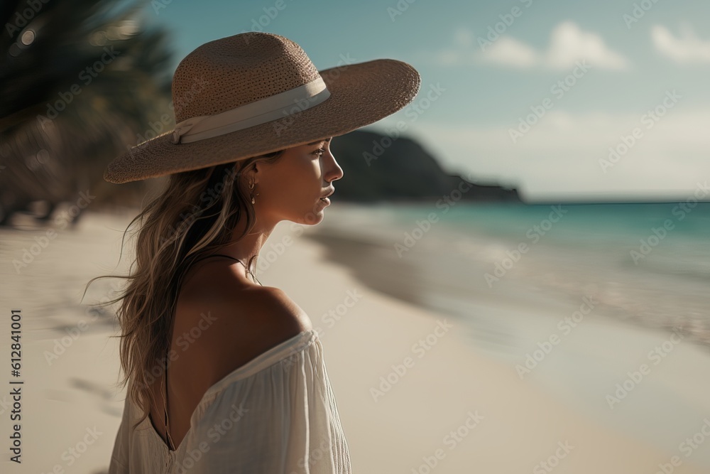 shot of woman on a tropical beach. Generative AI