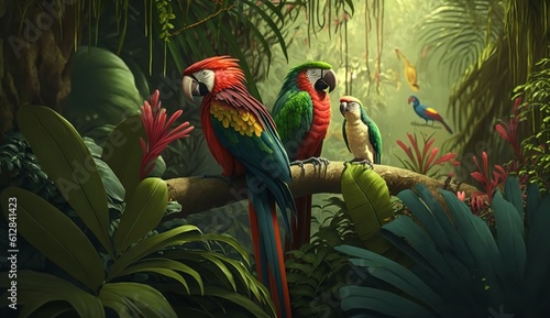 Illustration of a jungle in the tropics with parrots. Generative AI. © Concept Killer