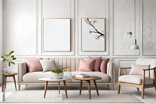 Modern Spring Living Room Interior, Wooden picture frame, Poster mockup, Sofa with linen pale pink striped cushions, Cherry plum blossoms in a vase, Elegant stylish minimal home decor