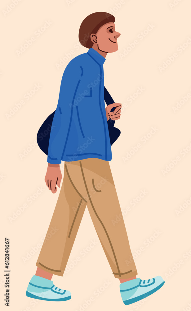 Man walking around in blue blouse beige pants, black power, happy with black handbag blue sneakers isolated flat style. Man walking around in blue blouse beige pants, black power, happy with black handbag blue sneakers isolated flat style.