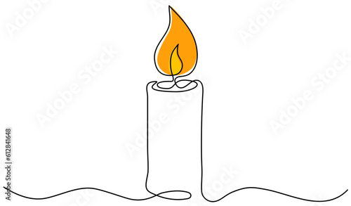 Candle burning continuous one line drawing. Vector illustration isolated on white.