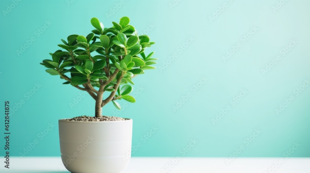 Beautiful Crassula ovata, Jade Plant, Money Plant, succulent plant in a white pot on green background. Home decor and gardening concept. Generative AI. Beautiful Crassula ovata, Jade Plant, Money Plant, succulent plant in a white pot on green background. Home decor and gardening concept. Generative AI.