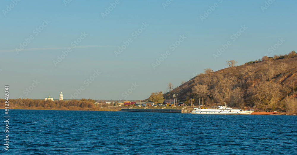 Autumn landscape banner, picture river with mountain. Tatarstan. Russia. The Kama River is the central part of a strikingly beautiful landscape near the city of Kazan. National Park