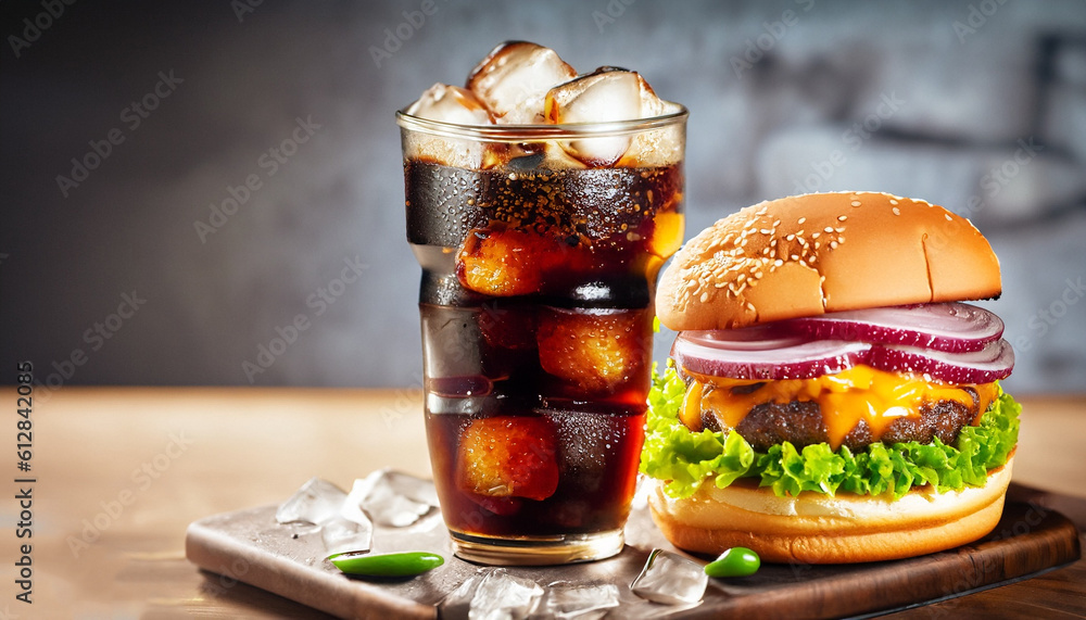 A glass of cold cola with a tasty burger on the table. Generative AI A glass of cold cola with a tasty burger on the table. Generative AI