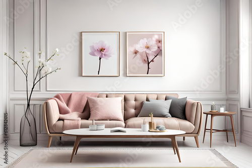 Modern Spring Living Room Interior  Wooden picture frame  Poster mockup  Sofa with linen pale pink striped cushions  Cherry plum blossoms in a vase  Elegant stylish minimal home decor