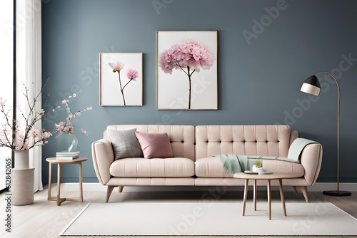 Modern Spring Living Room Interior  Wooden picture frame  Poster mockup  Sofa with linen pale pink striped cushions  Cherry plum blossoms in a vase  Elegant stylish minimal home decor