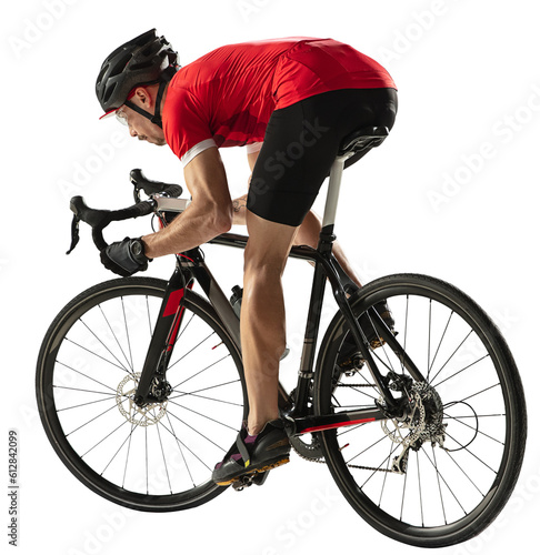 Young sportive man, professional male bike rider, cyclist on road bike over transparent background.