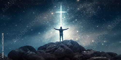 Christian cross symbol in the night sky with silhouette of person with their arms raised worshipping God. Generative AI illustration