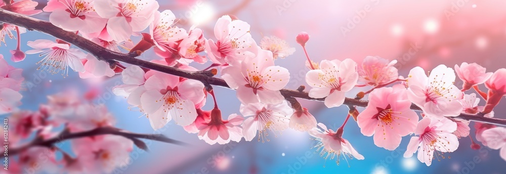 White and blush cherry blossom background. Generative AI