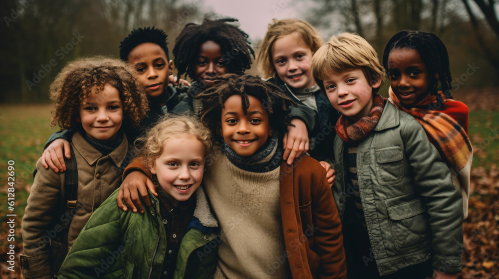 Portrait of multicultural children with friends in the countryside together.