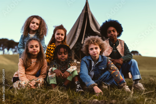 Portrait of multicultural children with friends in the countryside together.
