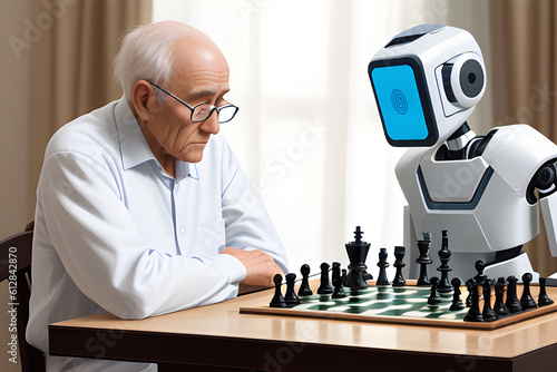 Old man playing chess with an ai controlled robot, Generative AI