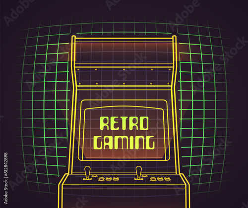 Arcade Machine in Outline Style Over Green Laser Grid. Vector Retro Gaming Poster or Banner