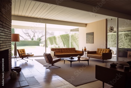 illustration of mid-century modern luxury house interior design, Generative AI