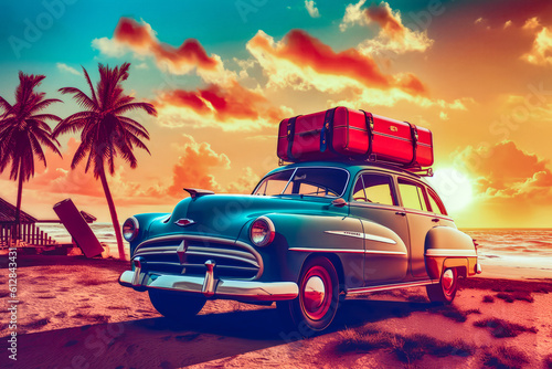 A blue vintage car sits in the sand with suitcases on the beach