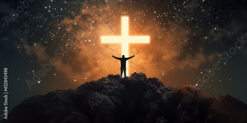 Wallpaper Mural Christian cross symbol in the night sky with silhouette of person with their arm