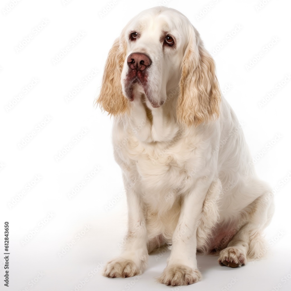 Clumber Spaniel dog isolated on white background. Generative AI Clumber Spaniel dog isolated on white background. Generative AI