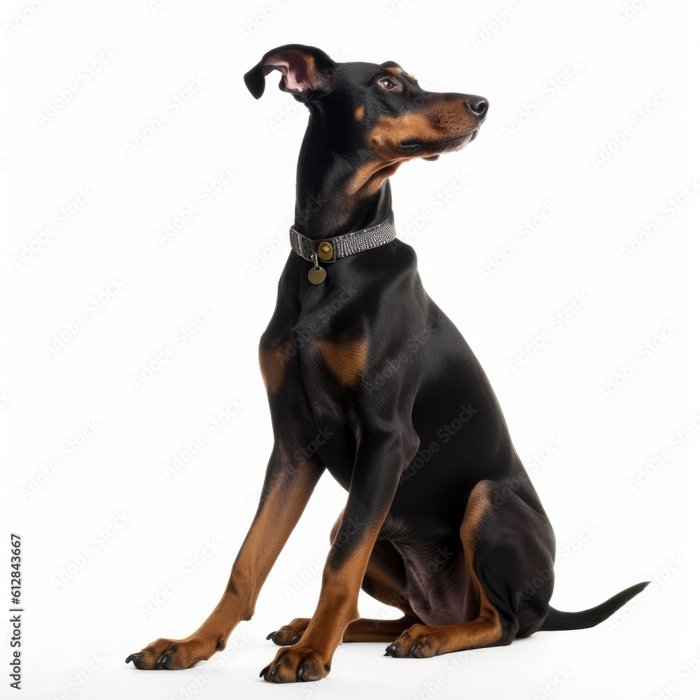 Doberman Pinscher dog isolated on white background. Generative AI Doberman Pinscher dog isolated on white background. Generative AI