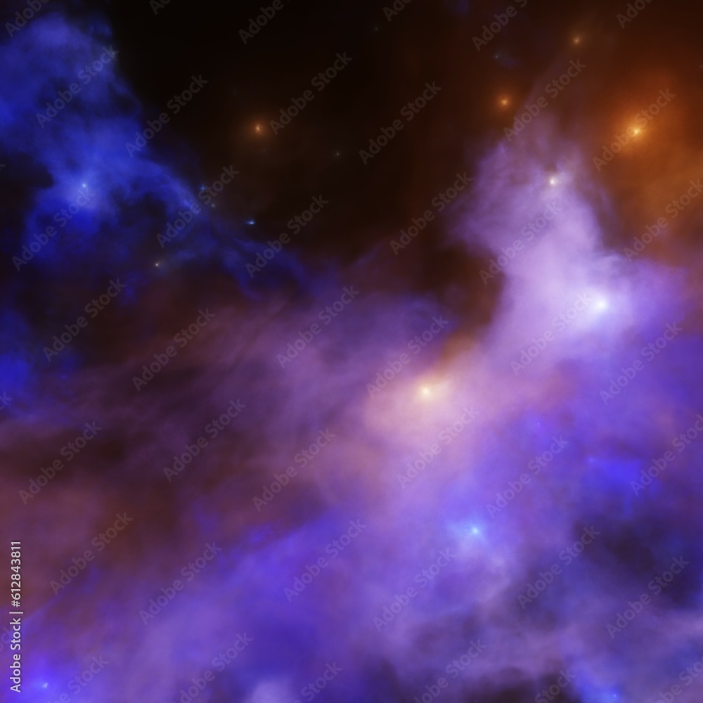 Space background with planetary purple, pink and yellow gas nebula and stars
