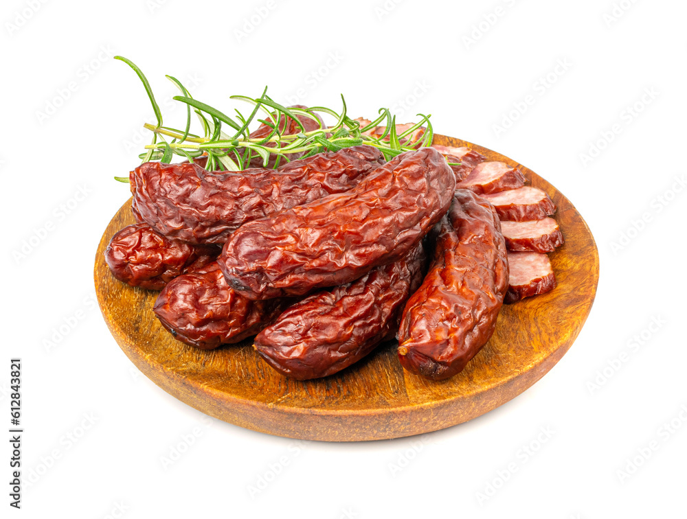 Dry Smoked Sausages Isolated, Salami Sticks, Kielbasa, Cabanossi, Kabanos, Dry Embutido, Chorizo, Bratwurst Dry Smoked Sausages Isolated, Salami Sticks, Kielbasa, Cabanossi, Kabanos, Dry Embutido, Chorizo, Bratwurst