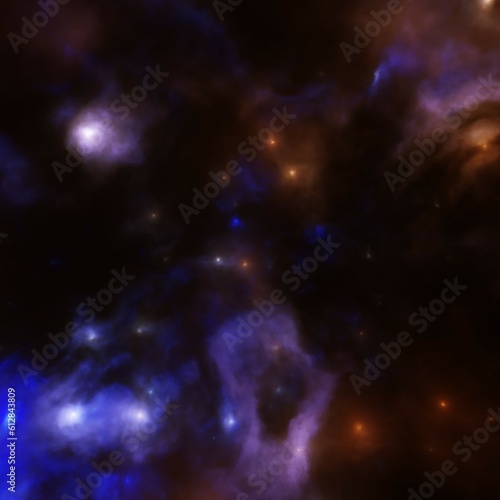 Space background with planetary purple  pink and yellow gas nebula and stars 