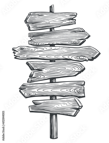 Pole with wooden directional signs and arrows. Signpost, guidepost engraving style. Sketch vector illustration