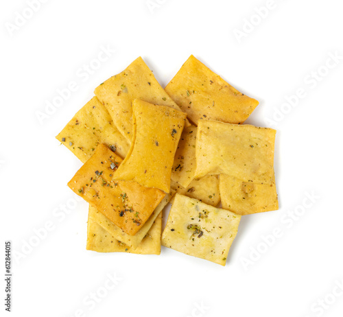 Pita Chips Isolated, Small Wheat Tortillas, Crunchy Flat Bread, Spicy Mediterranean Wheat Snack on White photo