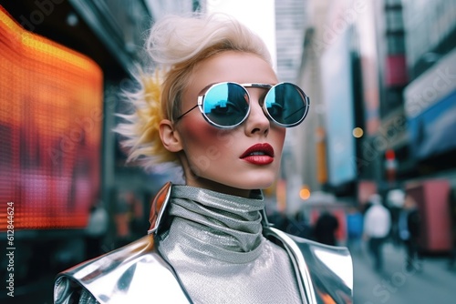 Futuristic and stylish 1980s fashion female model poses on the streets of the city during the daytime. Generative AI