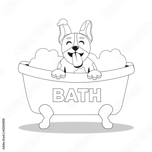 Joyful kawaii cute dog in bath. Isolated outline for coloring book