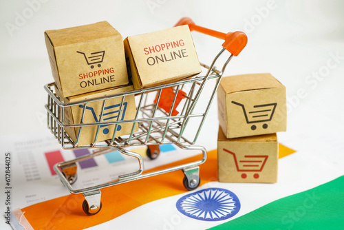 Online shopping, Shopping cart box on India flag, import export, finance commerce.
