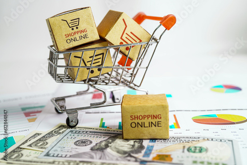 Online shopping, Shopping cart box with money, import export, finance commerce.